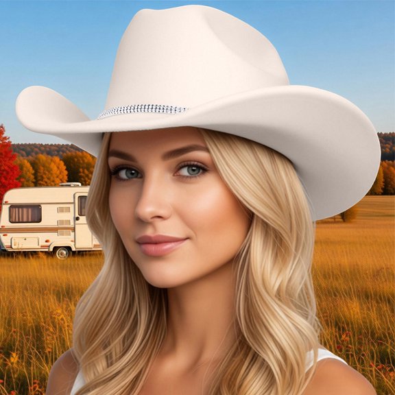 Rhinestone Cowboy Hat Wide Brim Sun Travel Western Style Beige One Size