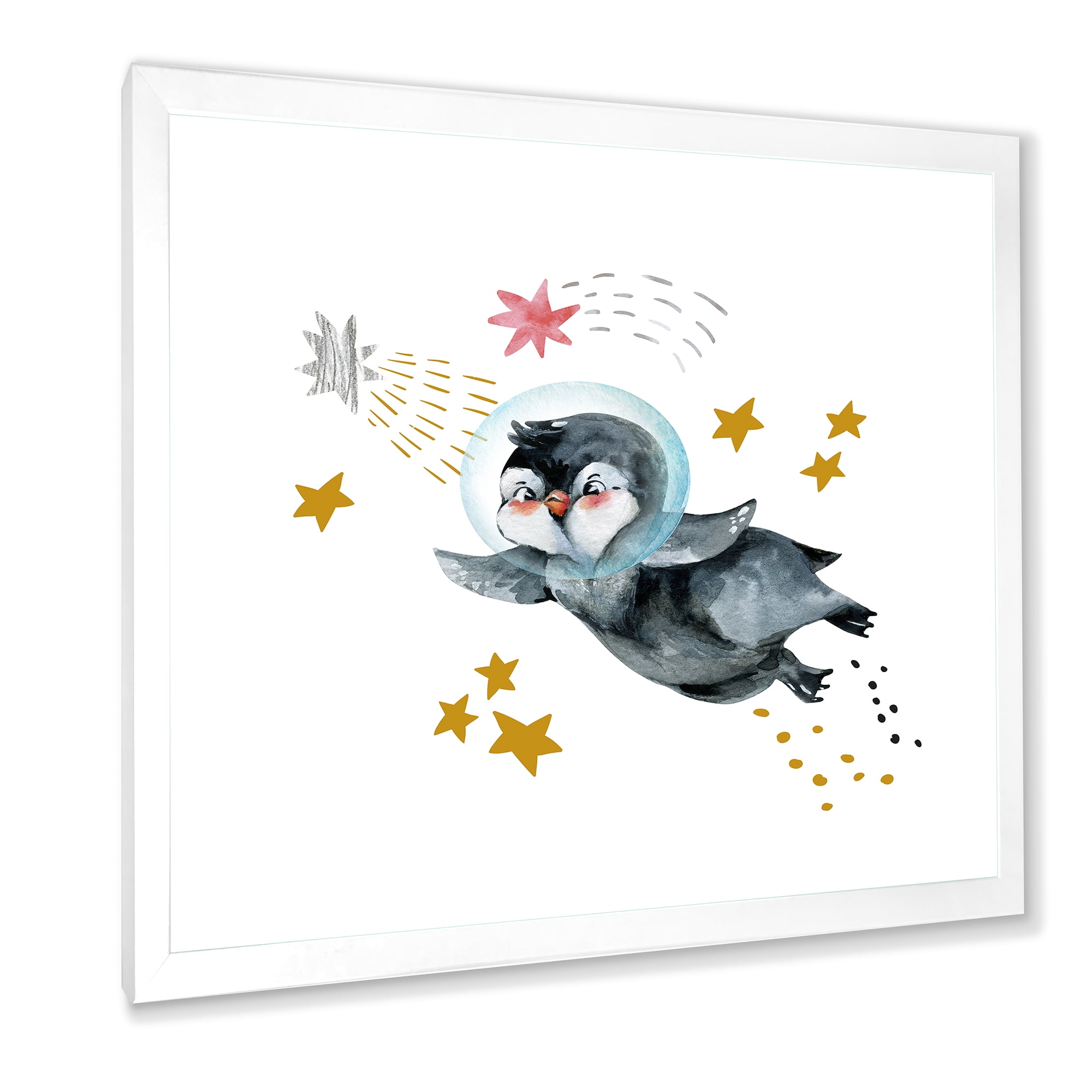 Designart 'Little Penguin Flying Planets and Stars I' Farmhouse Framed Art Print