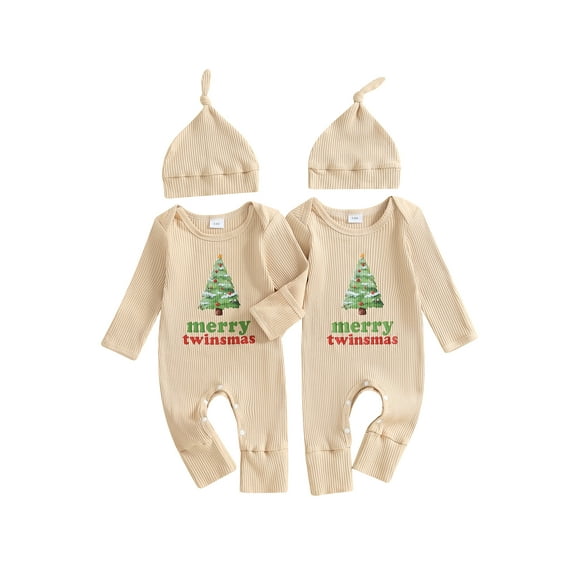BemeyourBBs Baby Twins Christmas Outfits Tree Print Jumpsuit with Hat Set