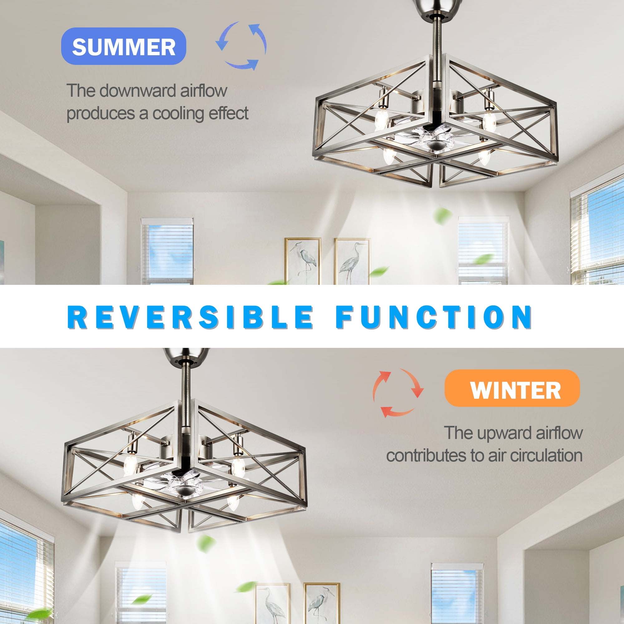 Cusp Barn 20'' Brushed Nickel Ceiling Fan with Lights, Modern Caged Chandelier Flush Mount Ceiling Fan for Bedroom Kitchen