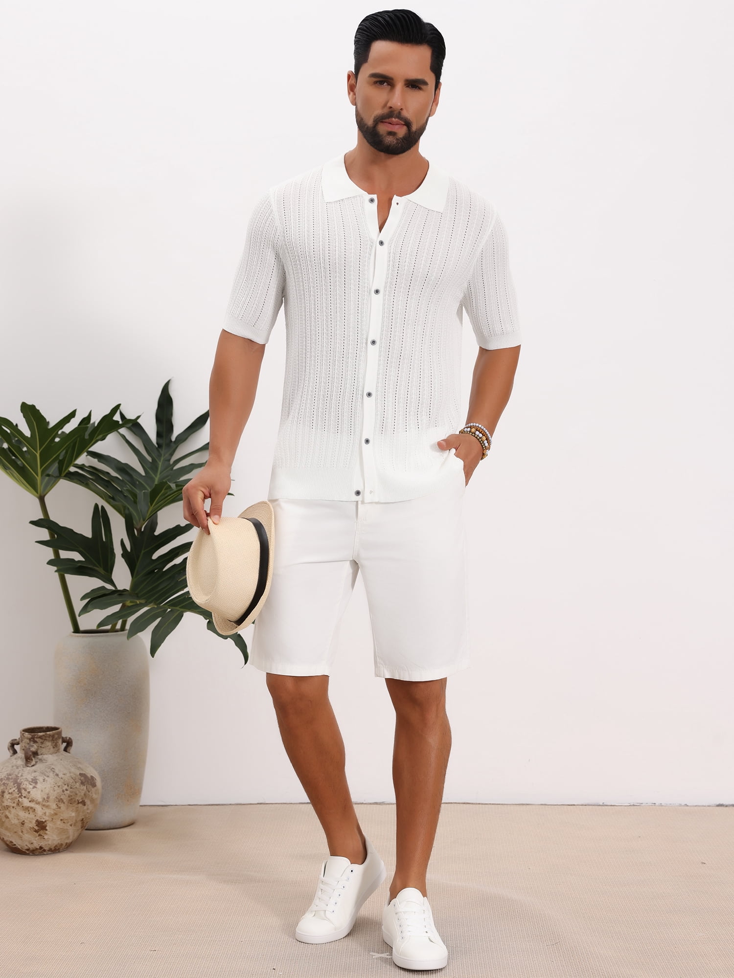 DARING DIVA Men's Striped Summer Short Sleeve Knitted See Through Shirts XL White