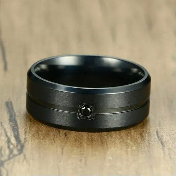 8MM Men's Wedding Brushed Band Black Silver Gold Stainless Steel CZ Ring Sz 7-12