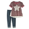 "Colette Lilly Little Girls ""Texture Time"" Roll Cuff Sleeve and Tiered Lace Trim Back Top With Knit Denim Leggings Set"