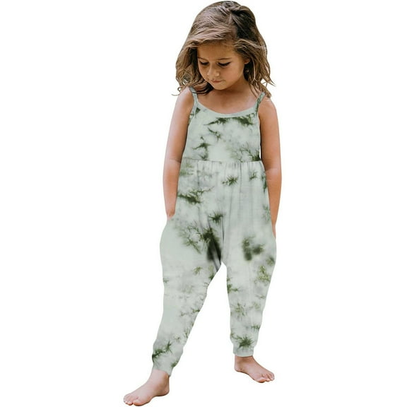 uublik Girls Romper Printed Spaghetti Straps Long Pants Rompers With Pockets Green, Size 1T-6