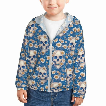 

Sun Hoodie for Kids white Skull daisy in water Long Sleeve Swim Fishing Shirts Sun Protection Zip Up Jacket Clothing Athletic Hoodie