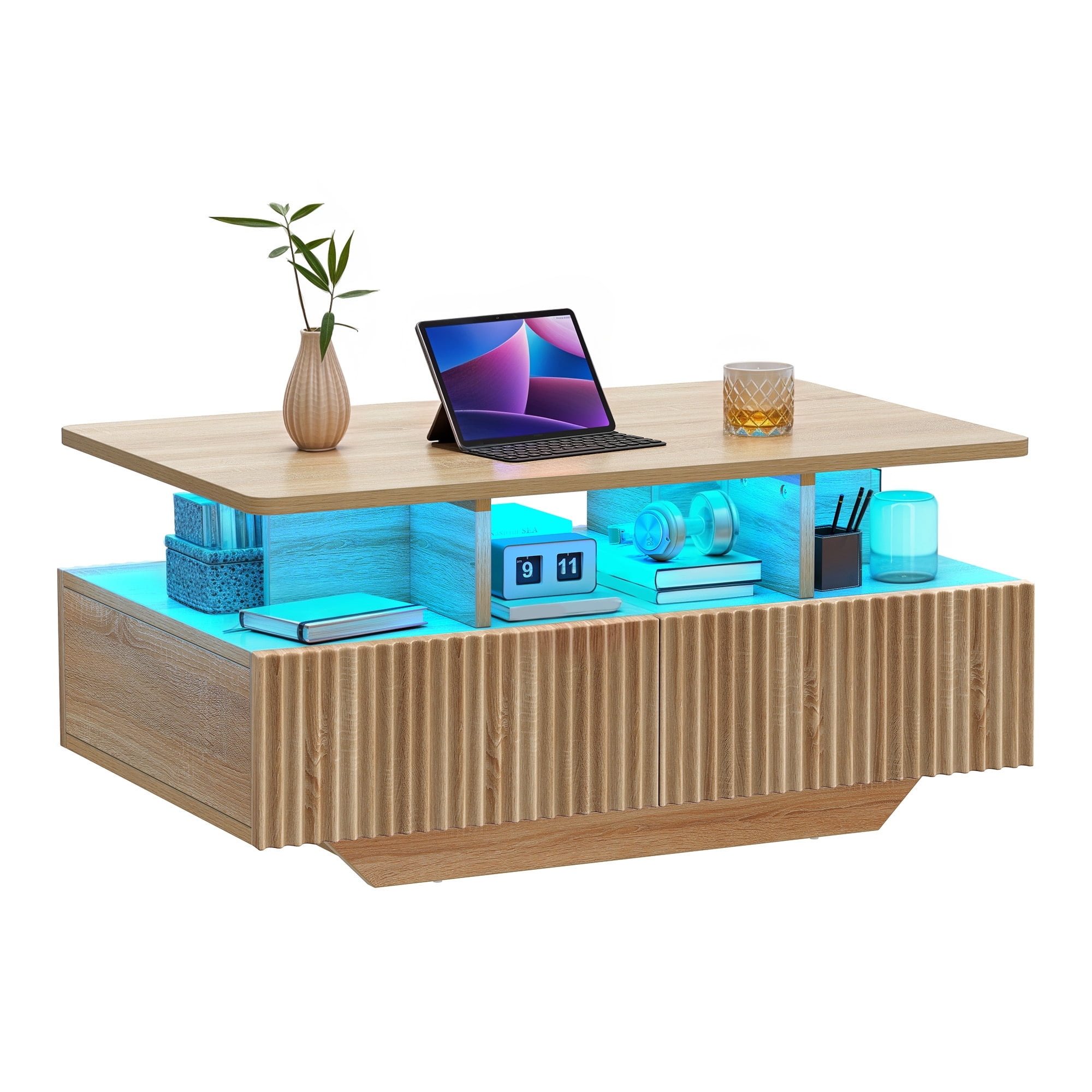 Uforic Fluted LED Coffee Table, Modern Center Tables with Storage for Living Room, Oak