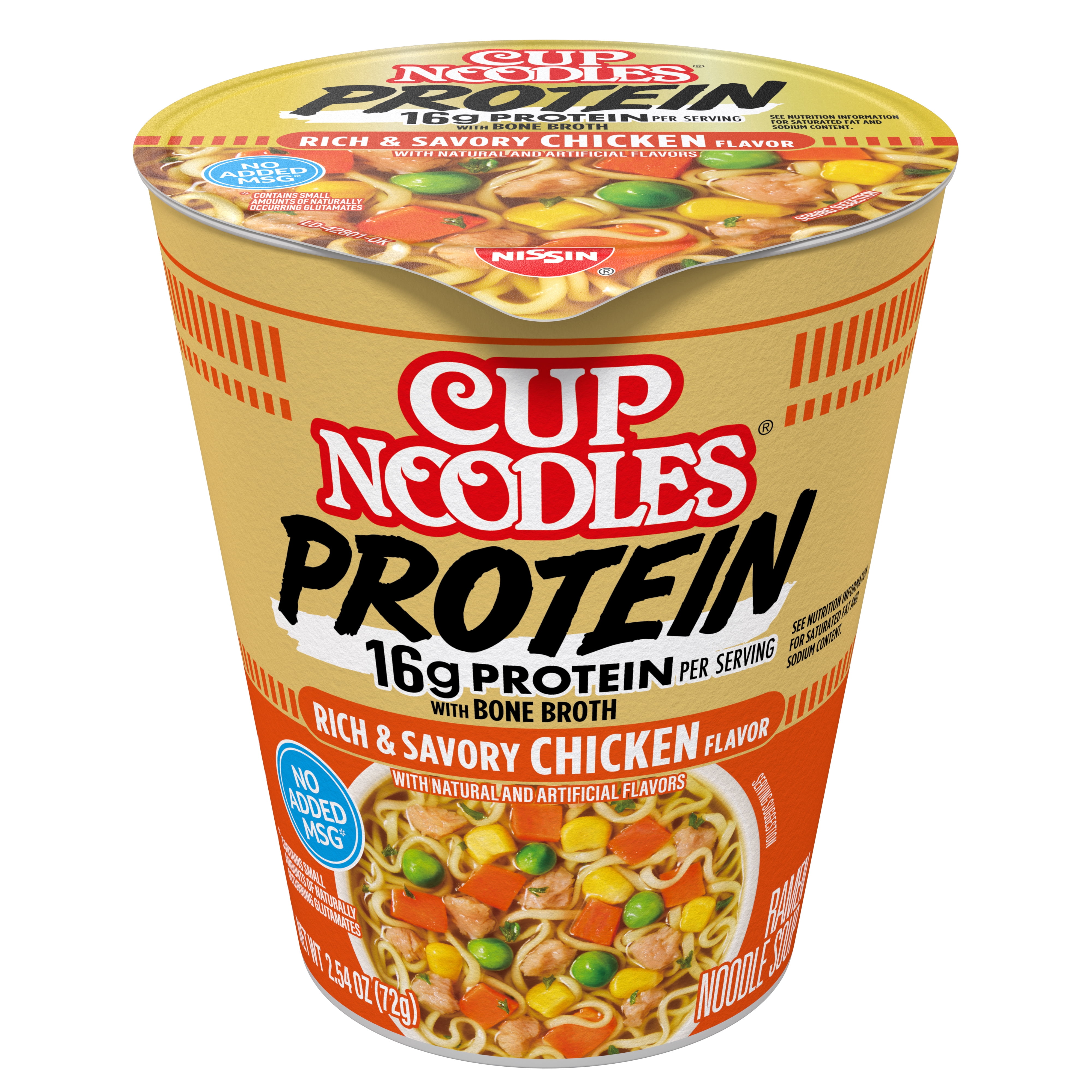Nissin Cup Noodles Protein Ramen, Chicken Flavor with Bone Broth, 16g Protein, 2.54 Ounce Cup