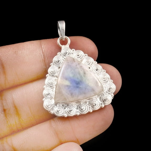 Owais Gems And Jewelry White Rainbow 59 CT's Triangle Shape Moonstone Gemstone Silver Pendant Unisex Adults Jewelry.