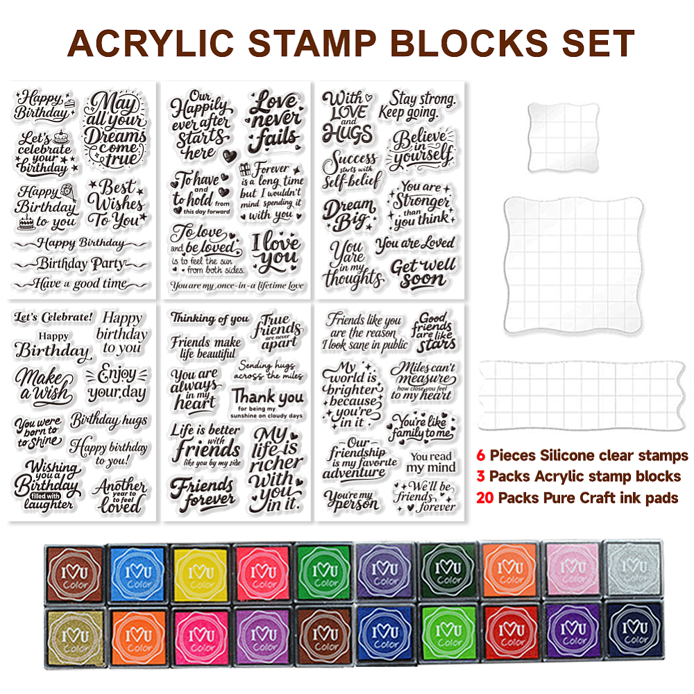 DIY Scrapbooking Stamp Kits including Acrylic Stamping Blocks Tools PVC Plastic Clear Stamp Plastic Craft Finger Ink Pad Stamps Set