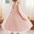 thumbnail image 4 of Jinhomg Sleeveless V-Neck Satin Flower Girl Dress V-Back Tulle Skirt Hem Bridesmaid Dress Knee Length with Bows Pink 120, 4 of 5