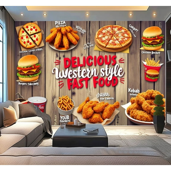 Peel and Stick Wallpaper 3D Mural Hand Painted Fried Chicken Western Restaurant Pizza Burgers Modern Art Wall Mural Decor Self Adhesive and Removable 100in x 144in