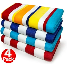 Kaufman - Joey Velour Cabana Stripe Multicolor Beach Towel, 4-Pack, 32in x 62in, 100% U.S.A. Cotton