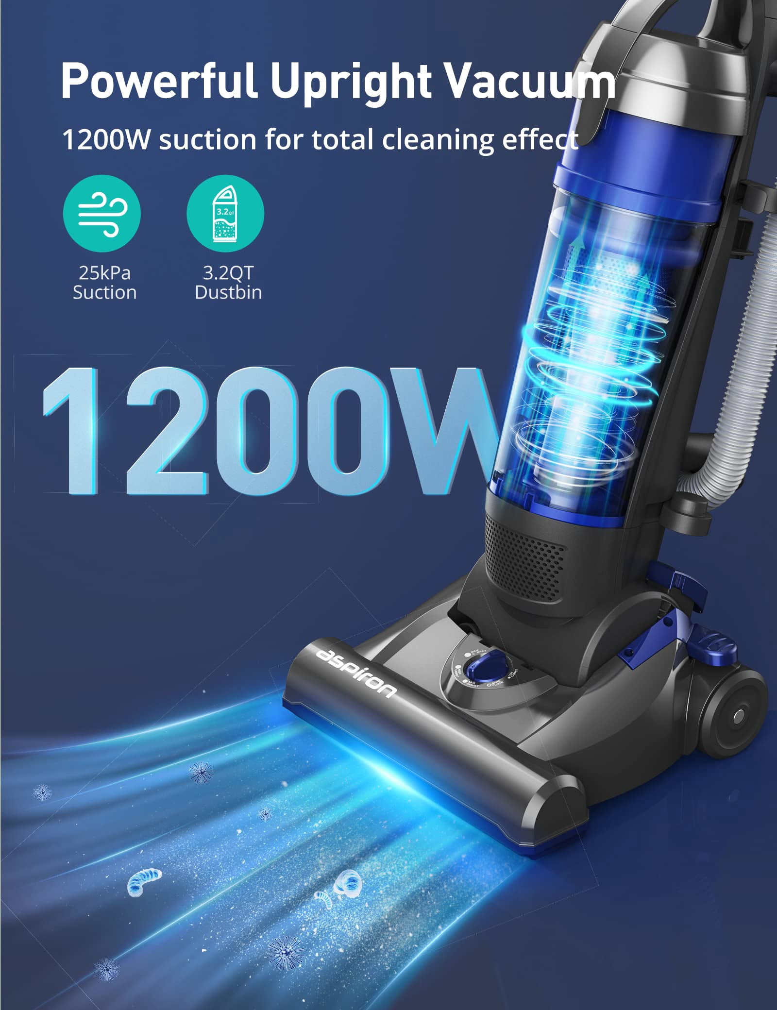 SSG Upright Vacuum Cleaner, Aspiron 1200W 25kPa 5-Mode Bagless Vacuum w/ Crevice Tool & Extension Wand, 3L Dust Cup w/ HEPA Filter, Upright Vacuum for Carpet, Pet Hair, Hard Floor, Tile Particles