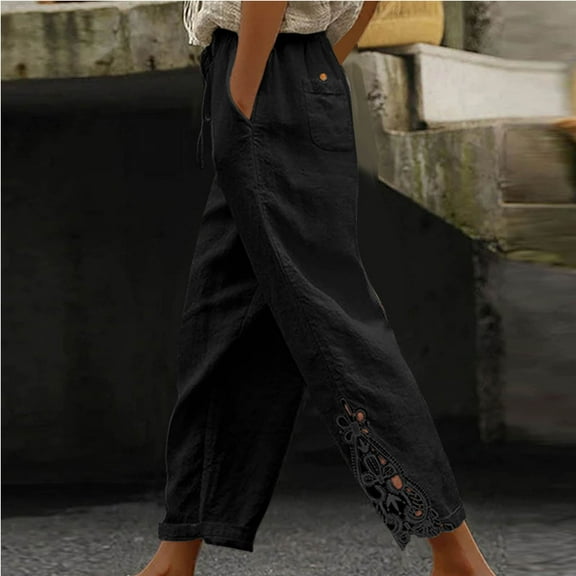 Frostluinai Linen Capris for Women Drawstring High Elastic Waisted Lace Harem Pants Wide Leg Solid Color Lounge Cropped Pants with Pockets