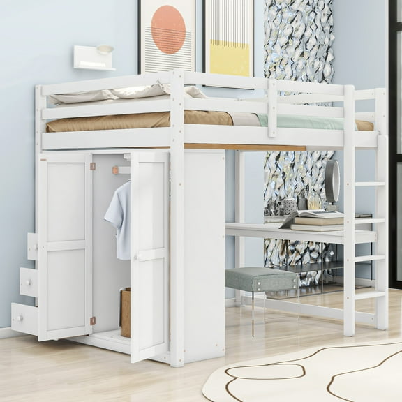 MODERNLUXE Wood Full Size Loft Bed with Desk and Shelvesb Built in Wardrobe and Drawers, White