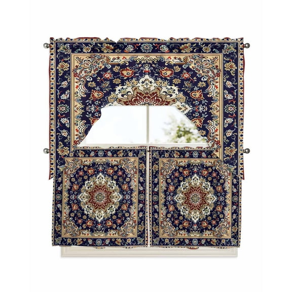 Navy Blue Boho Kitchen Curtains Swag Valance and Tier Curtains Set 24 Inch Length, Contemporary Abstract Ethnic Vintage Geometric Rod Pocket Drape Panels Pair Swag Curtains for Bathroom/Cafe/Window