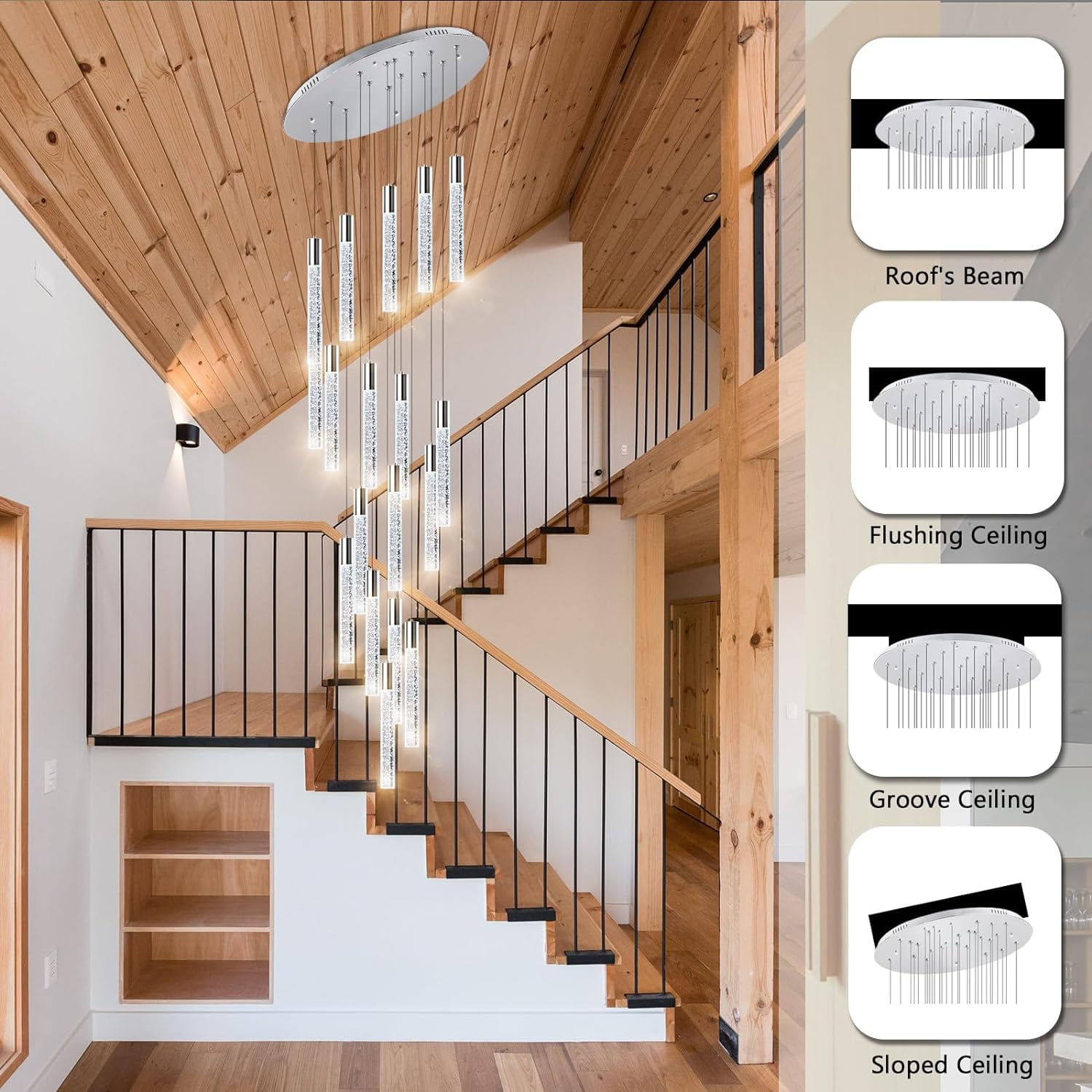 Modern Crystal Chandelier Dimmable LED Pendant Light Fixture 18-Light Silver Staircase Mini Chandelier Lobby Living Room Bedroom Foyer Flush Mount High Ceiling Light Fixtures(90W)