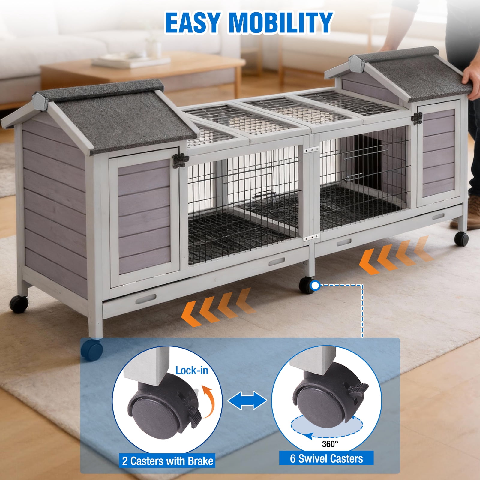 Suumerpety Rabbit Hutch Indoor Large Bunny Cage with Double House and Run Outdoor Guinea Pig House On Wheels for Bunny and Other Small Animals
