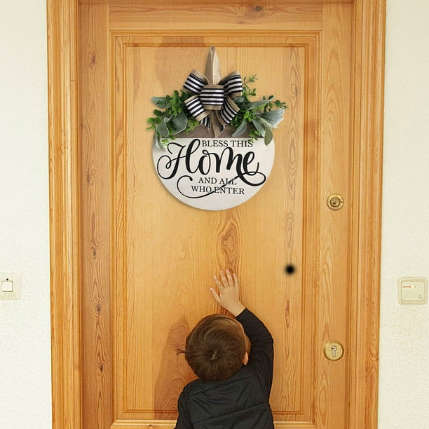 "Bless This Home" Round Rustic Wood Door Sign With Bow - 11.8" Farmhouse Porch Welcome Sign For Indoor Outdoor Decor