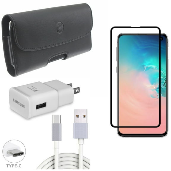 Galaxy S10e Screen Protector w Fast Home Charger w Case Belt Clip - Tempered Glass 5D Curved Edge, Type-C 6ft USB Cable Quick, Leather Holster Cover for Samsung Galaxy S10e Phone