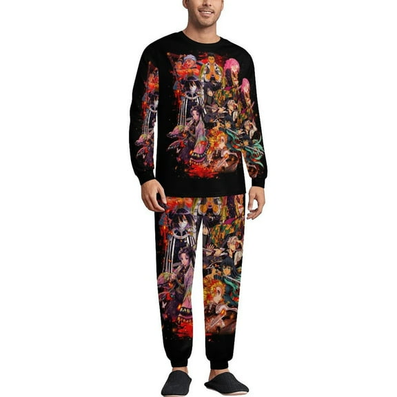 Demon Slayer Men's Lounge Pajamas Set 2-Piece Crew Neck Sleepwear Soft Long Sleeve Top & Pants for Sleep, Home & Vacation S