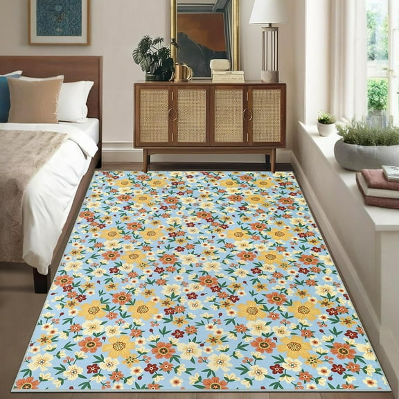 CAROMIO 9' x 12' Area Rug for Living Room Boho Vintage Rug Non Slip Throw Rugs Floral Bedroom Rug, Blue