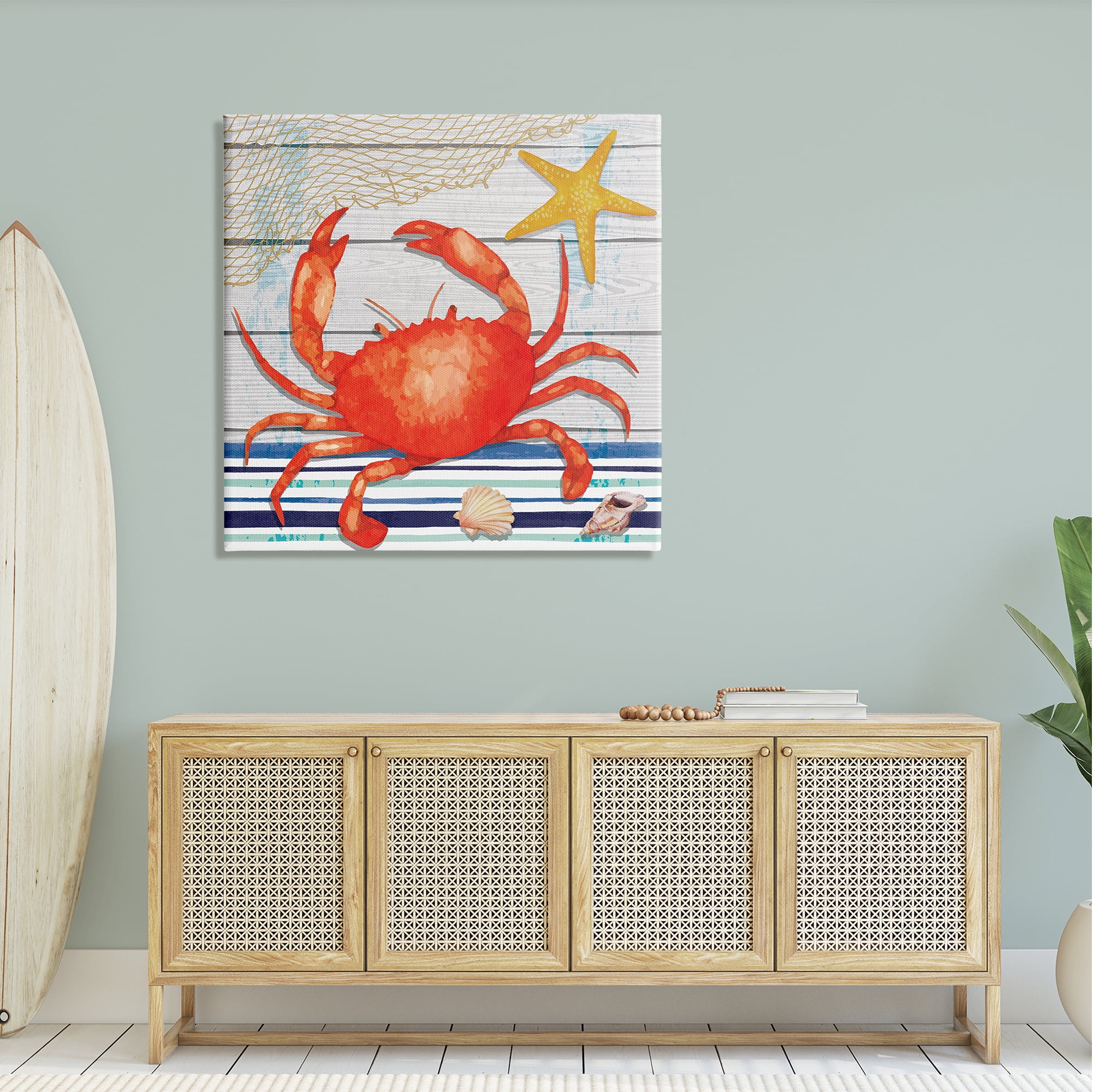 Stupell Nautical Striped Red Crab Sea Life Landscape Painting Gallery Wrapped Canvas Print Wall Art