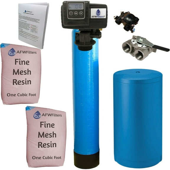 AFWFilters 2 cubic Foot 64k Whole Home Iron Pro Water Softener with Fine Mesh Resin,1" Stainless Steel FNPT Connection, and Blue Tanks