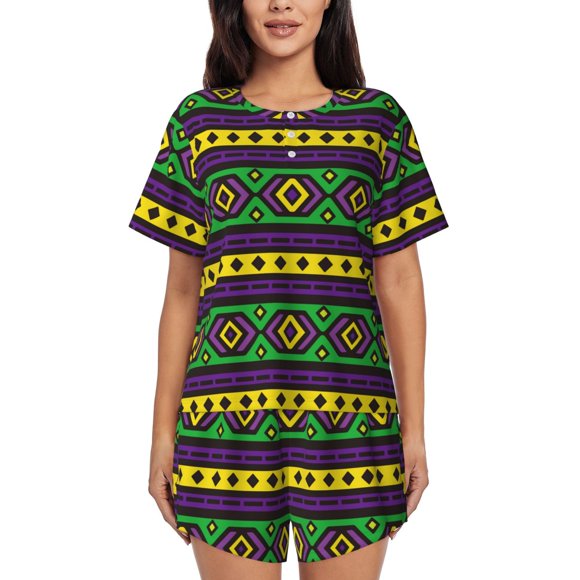 Saiise Carnival Mardi Gras Print Pajamas Sets for Women Short-Sleeved Pjs with Lounge Shorts Two Piece Sleepwear-3X-Large