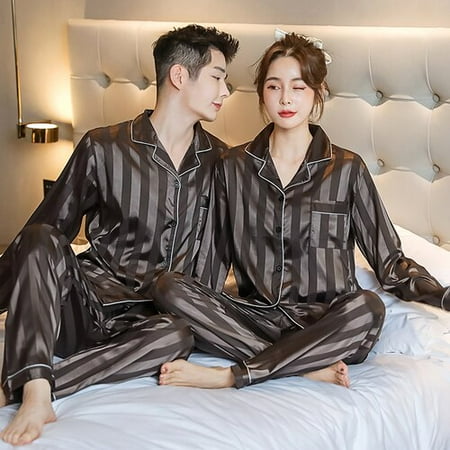 

DanceeMangoo Pajama Suit Men Silk Pajamas Sets Couple Sleepwear Lover Night Men & Women Pajamas Autumn Pajamas for Men Lovers Satin Pajamas