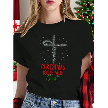 Merry Christmas Women's T-Shirt Christmas Begins With Christ Cross Christian Religious Xmas T-Shirt