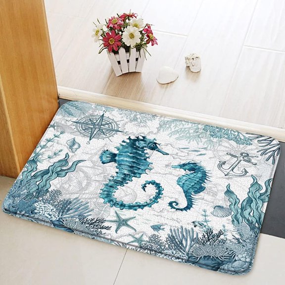 Beach Seahorse Bath Mat Watercolor Nautical Teal Marine Life Coastal Starfish Coral Ocean Bathroom Rugs Home Bedroom Kitchen Indoor Floor Carpet 16x24 in