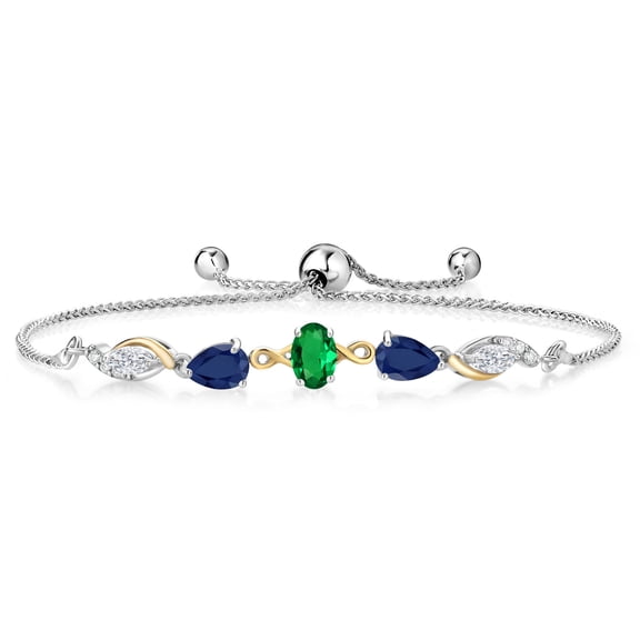 Gem Stone King 925 Silver and 10K Yellow Gold Nano Emerald Blue Sapphire White Moissanite and Lab Grown Diamond Tennis Bracelet for Women By Keren Hanan (1.64 cttw, Adjustable up To 9 inch)
