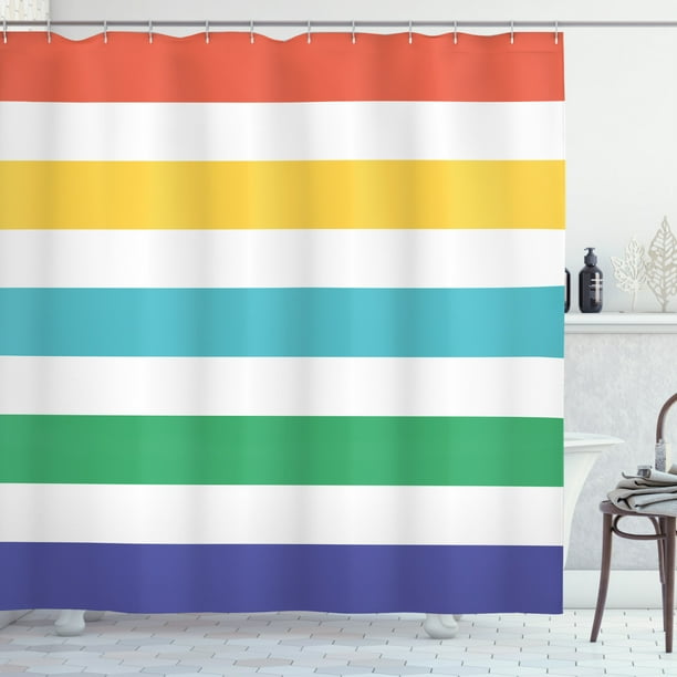 Striped Shower Curtain Rainbow Colored And White Fun Horizontal Lines Kids Room Red Yellow Blue Green Art Fabric Bathroom Set With Hooks 69w X 84l Inches Extra Long Multicolor By Ambesonne Striped Shower Curtain Rainbow Colored, Striped Shower Curtain Multicolor