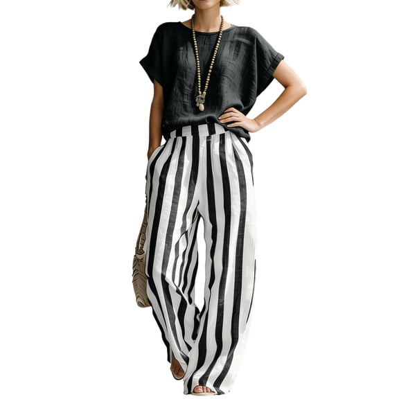 Textilo Two-Piece Set for Women Cotton Linen Striped Shirt and Pants Set Short Sleeve Wide Leg Sets Travel Summer Vacation Loose-Fit Walking Wear,Black XL