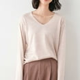 thumbnail image 1 of Knit Sweaters for Women Solid Color V Neck Sweaters Loose Fit Korean Style Versatile Layering Fall Winter Long Sleeve Pullovers Top Beige XL, 1 of 4