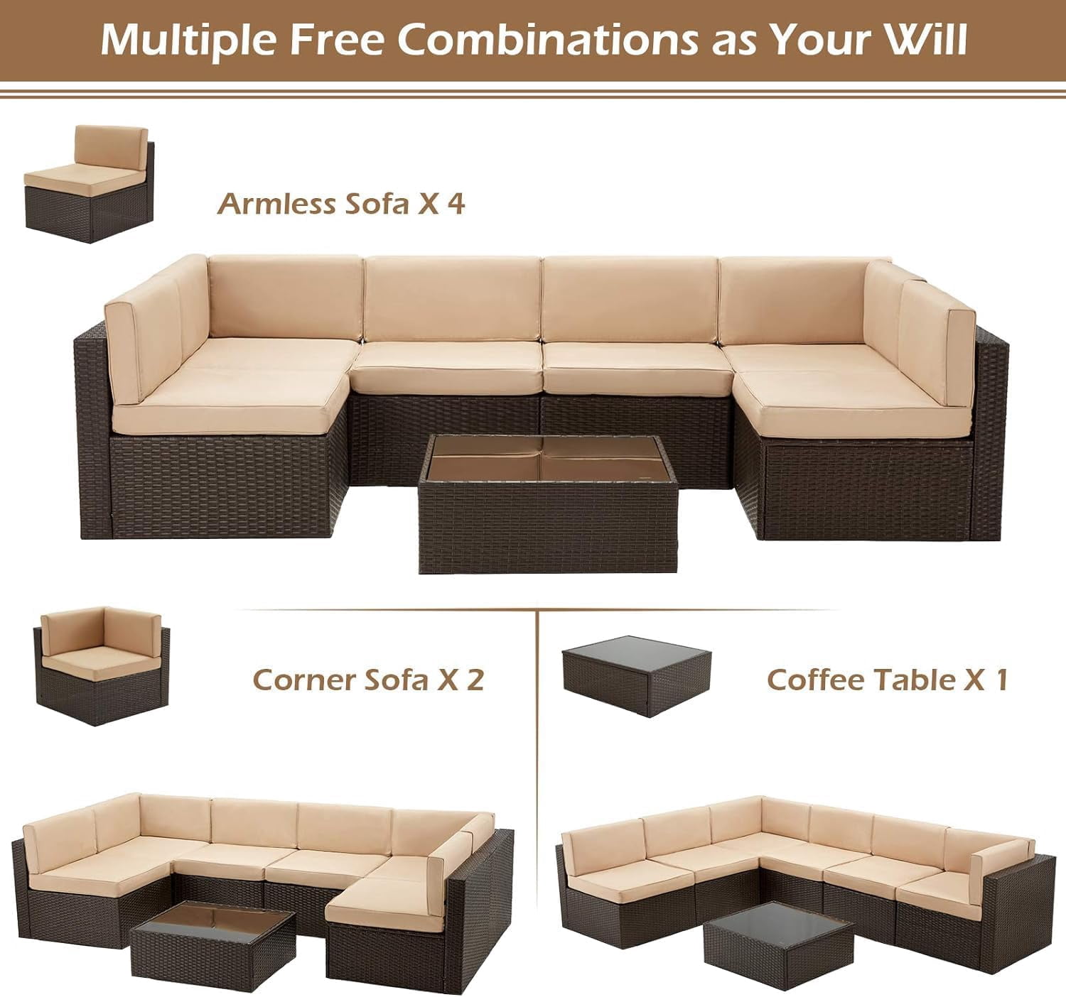 YODOLLA 7-Piece Patio Furniture w/ Protection Cover, Outdoor Sectional Sofa Couch w/ Coffee Table, Patio Conversation Set in Brown Wicker& Beige Cushions