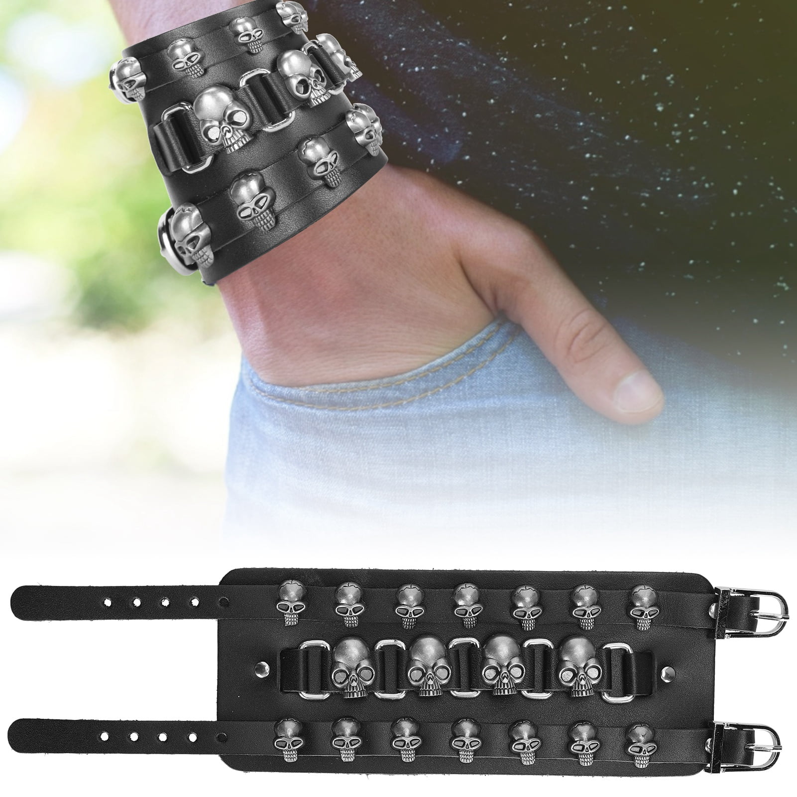 YLSHRF Wrist Cuff Jewelry,Braided Leather Bracelet,Braided Bracelet Split  Leather Adjustable Pin Buckle Hand‑Made Vintage Skull Wrist Jewelry 