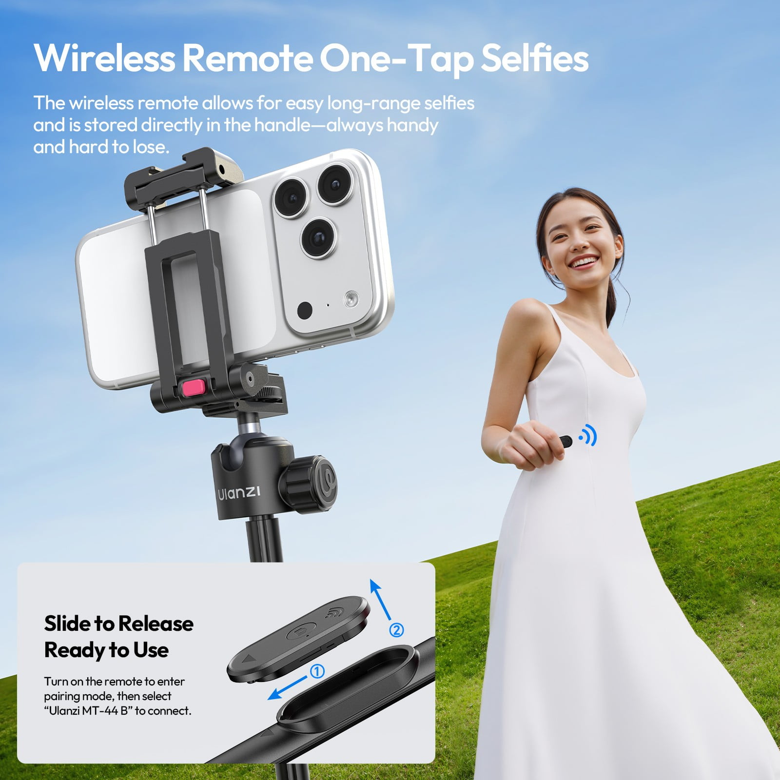 Ulanzi MT-44 B 2-in-1 Selfie Stick Tripod, Auto-Deploy Floor Tripod, 149cm Extendable Pole, Bluetooth Remote, Dual Camera Support for Phone & Mirrorless Cameras