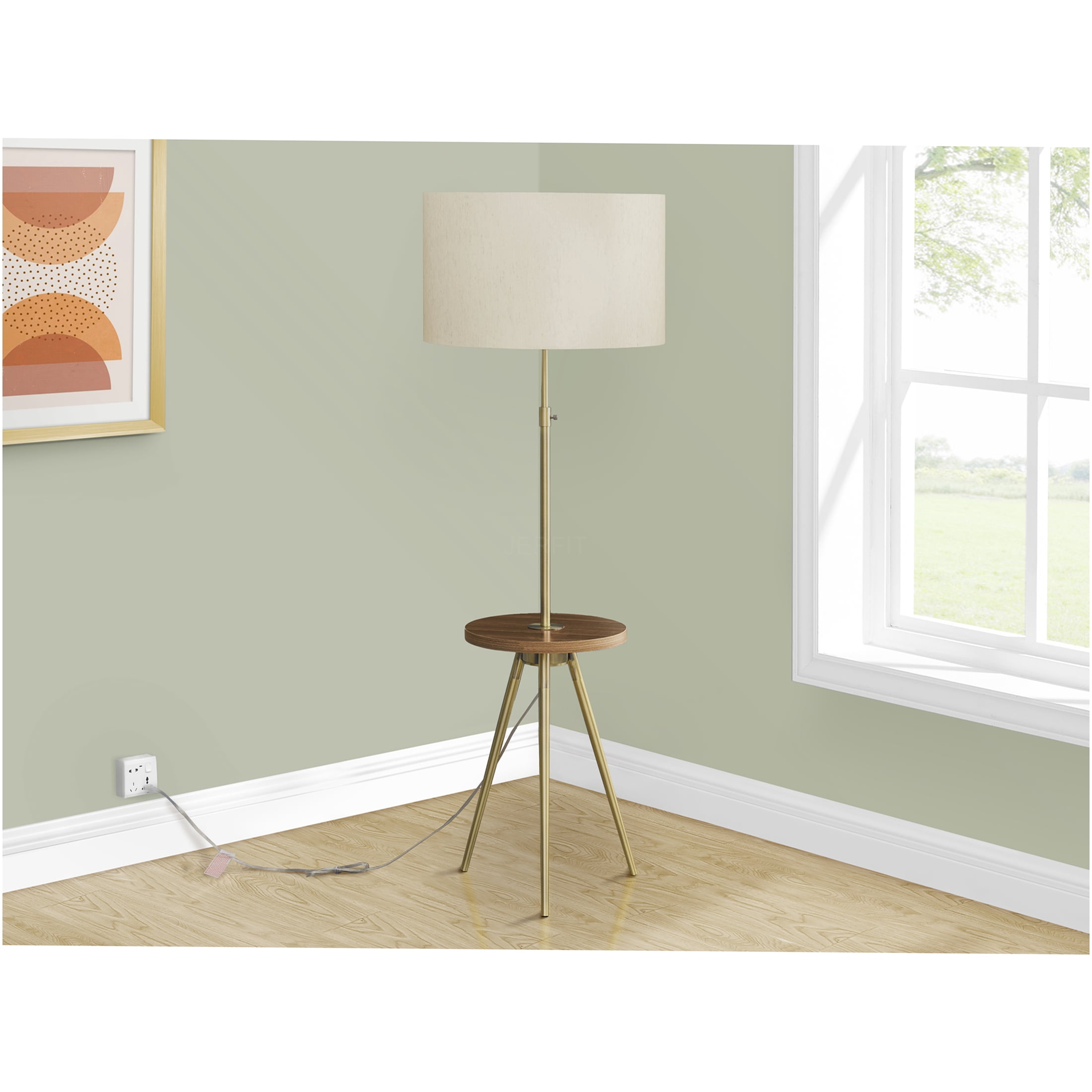 JERFIT Modern Tripod Floor Lamp with Side Table, Adjustable Reading Light for Living Room, Bedroom, Office, Gold Metal, Ivory Drum Shade