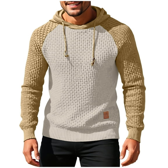 Men's Sweatshirts Long Sleeve Pullover Patchwork Jacquard Textured Hoodie Casual Loose Knit Sweater Top