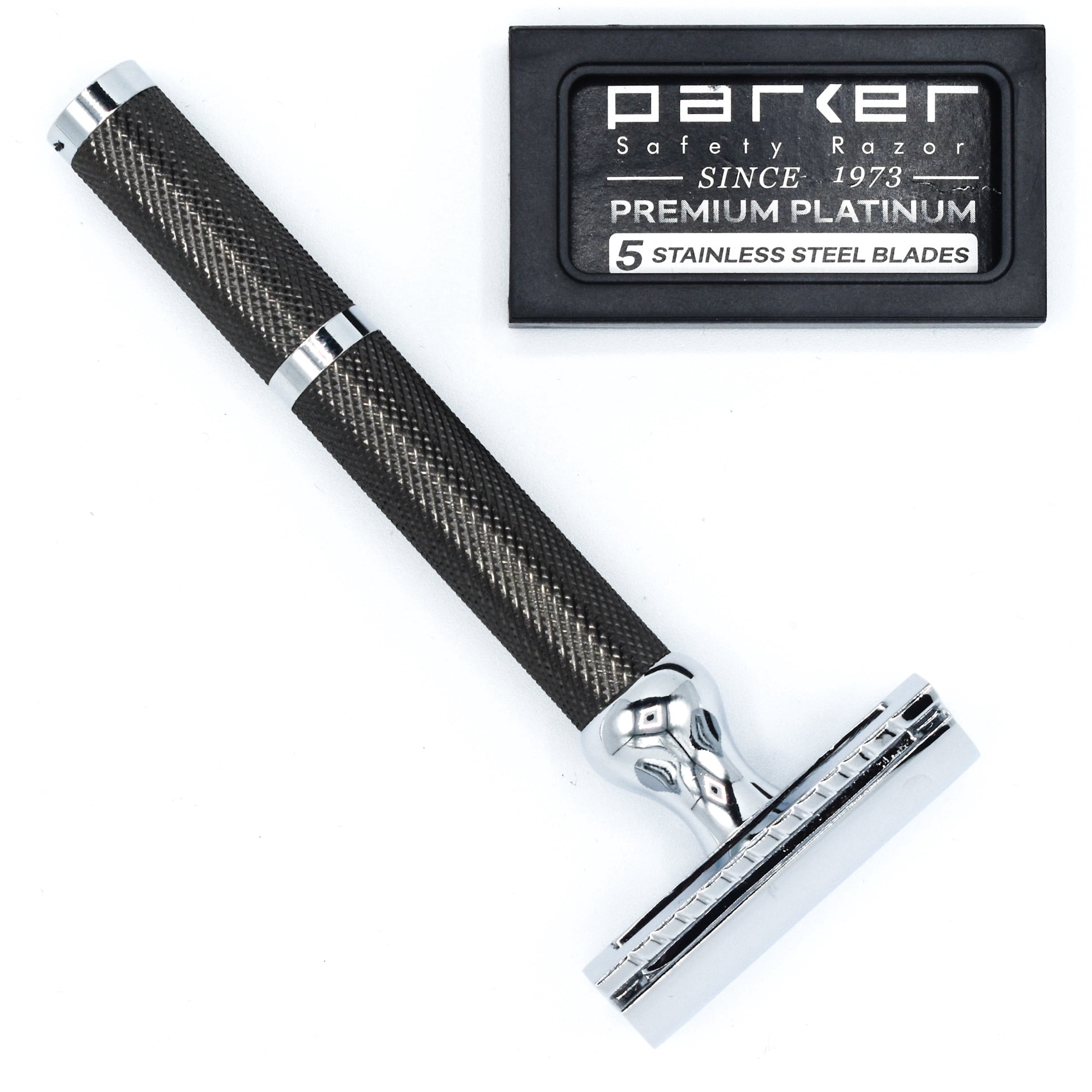 Parker Safety Razor 71R Long Handle Double Edge Safety Razor with 5 Parker Platinum Stainless Steel Razor Blades