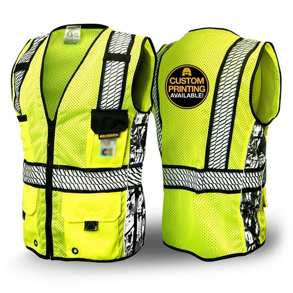KwikSafety (Charlotte, NC) RoadBOSS Premium Safety Vest (LIMITED EDITION Truck Tread Design) 11 Pockets Class 2 High Visibility ANSI OSHA Construction HiViz Mesh Zipper Men Work | Yellow Small