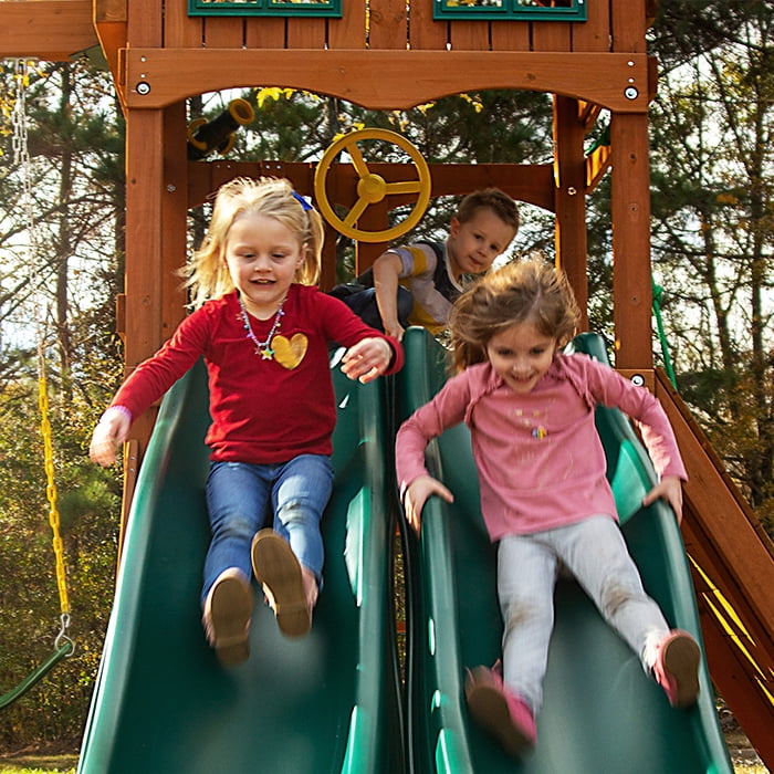 Gorilla Playsets Avalon Swing Set with Wood Roof, Dual Slides and Climbing Rock Wall, Amber