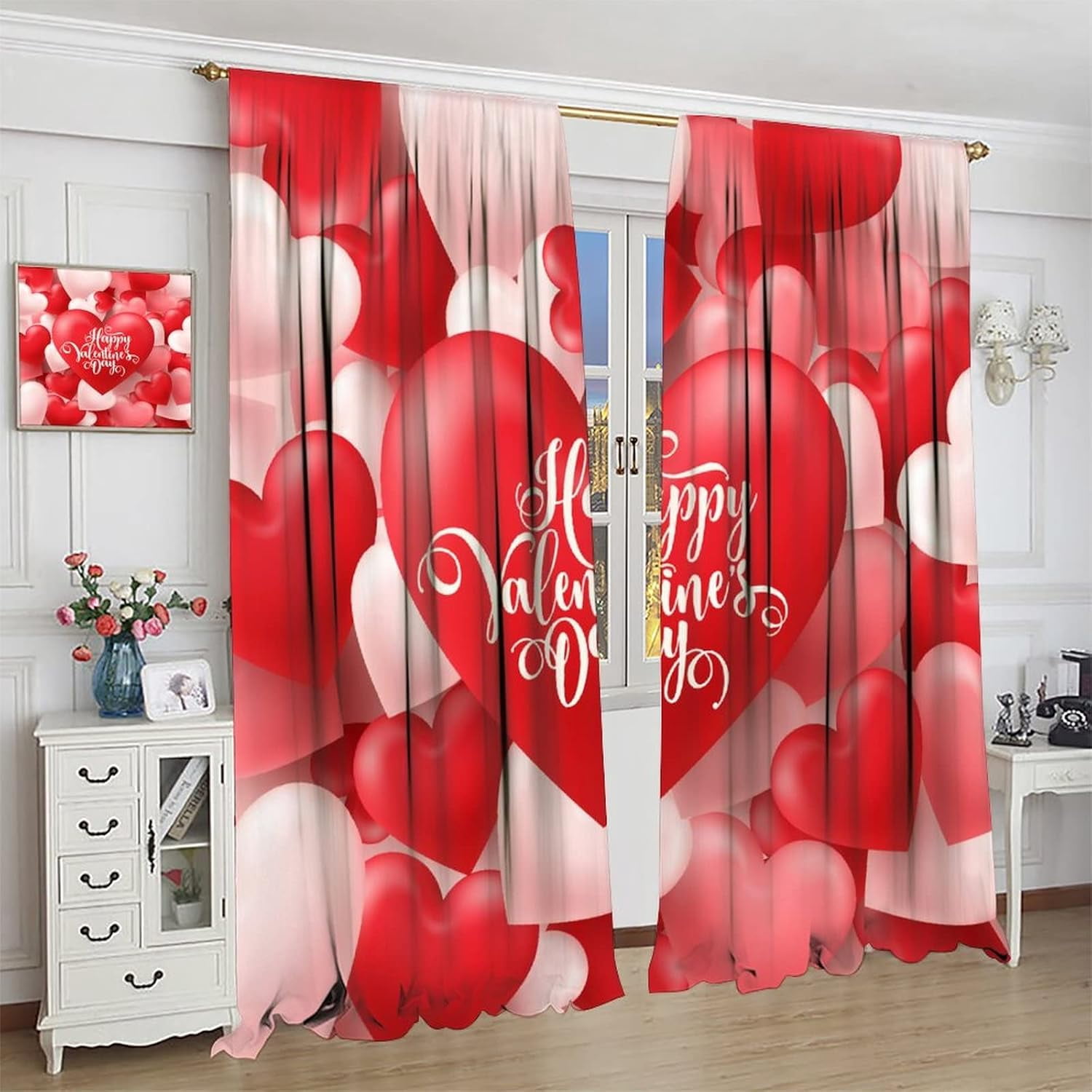 Valentines Day Blackout Window Curtains, Romantic Red and White Heart Shaped Balloons Blackout Windows Door Curtain for Bedroom Living Room Home Decor 84x84in