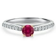 thumbnail image 3 of Gem Stone King 925 Silver and 10K Yellow Gold Red Created Ruby and Lab Grown Diamond Engagement Ring for Women | 0.43 Cttw | Round 4MM | Gemstone July Birthstone | Size 9, 3 of 6