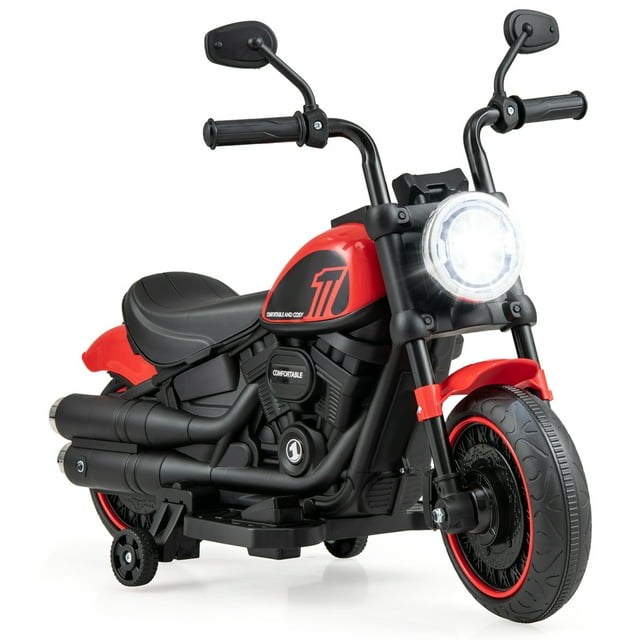 Costway 6V Kids Electric Motorcycle with Training Wheels LED Headlights Music Board Red
