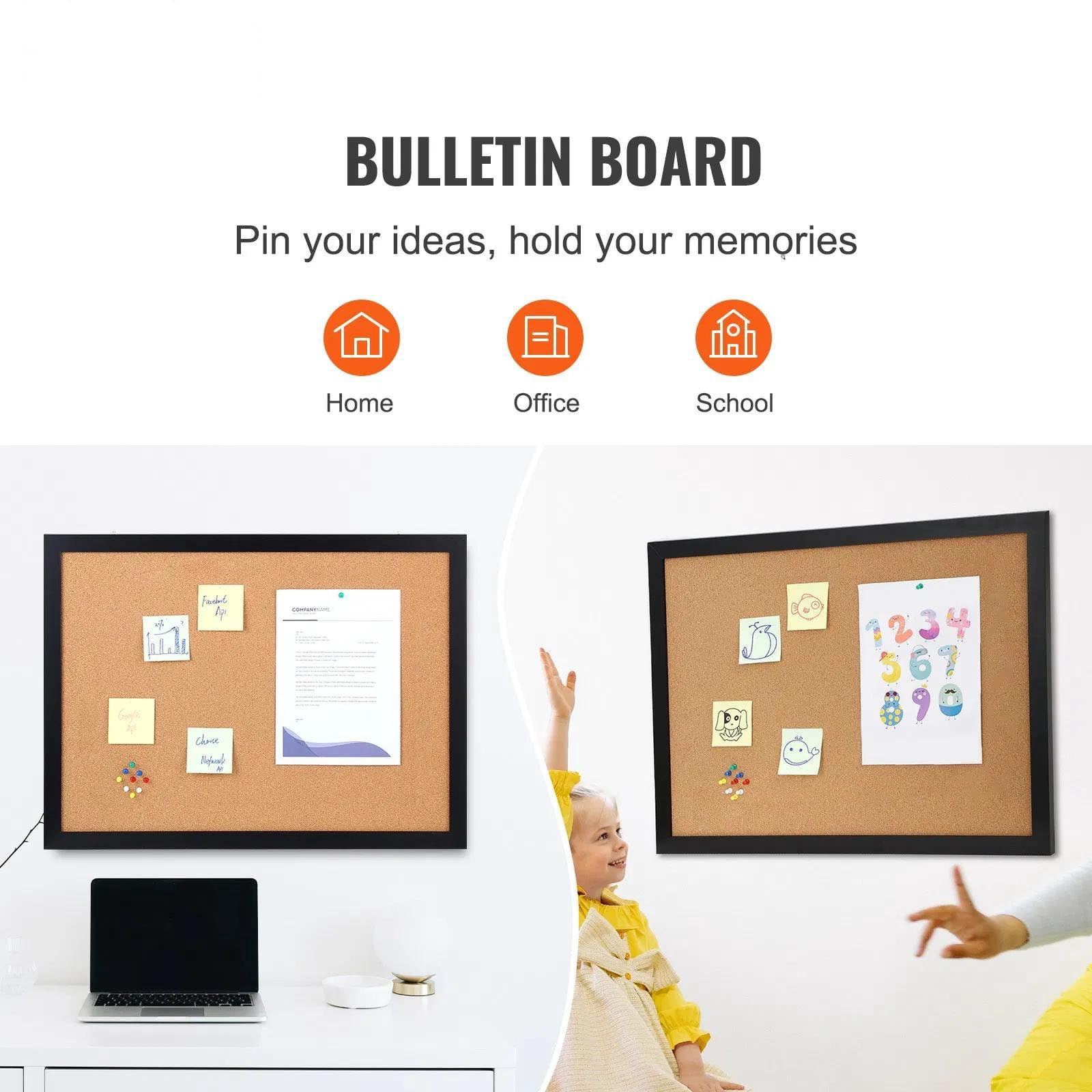 Cork Board, Bulletin Board with MDF Sticker Frame, Vision Board Includes 10 Pushpins for Display and Decoration in Office Home and School