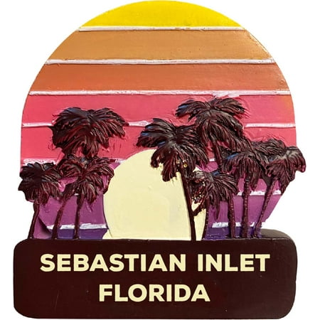 

Sebastian Inlet Florida Trendy Souvenir Hand Painted Resin Refrigerator Magnet Sunset and palm trees Design 3-Inch Approximately