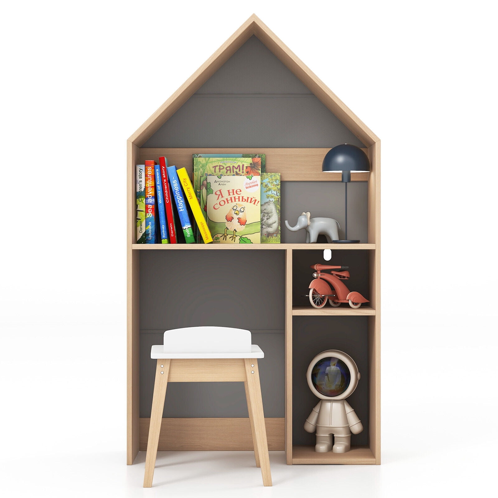 Amijoy Kids House-Shaped Table and Chair Set, 2-in-1 Kid’s Toy Organizer Cabinet with Ample Storage & Extra Blackboard